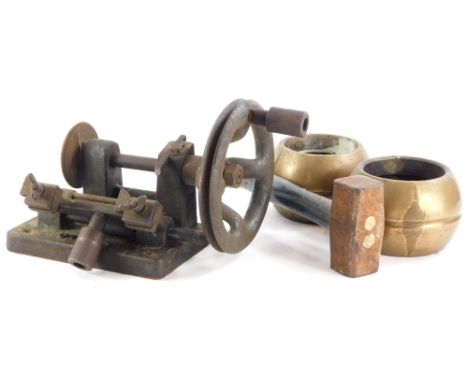 An unusual Okaykee manual key cutting machine, an engineers hammer, etc.
