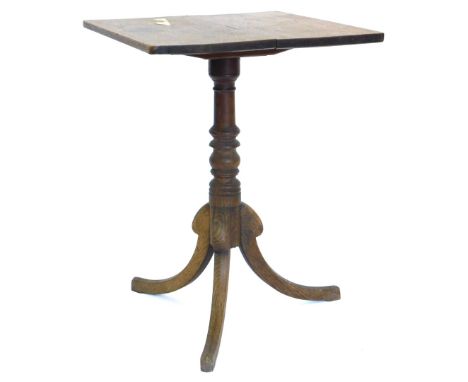 A 19thC oak tilt top occasional table, the rectangular top on a turned column and tripod base, 69cm high, the top 51cm x 53cm