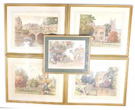 Eric Richard Sturgeon (1920-1999). Figures before a tower, artist signed coloured print and three other matching pictures by 