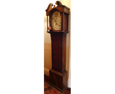 A 19thC oak longcase clock, with swan neck pillared hood, trunk door, plinth base, the painted square arch dial having bird a