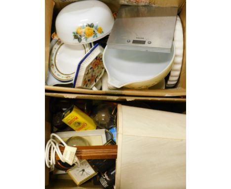 Miscellaneous items, to include a teak table lamp, kitchen pieces, copper funnel, pierced brass, etc.