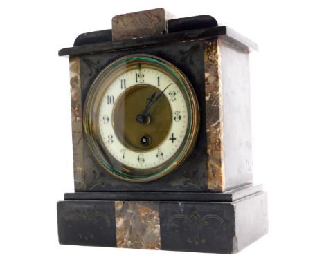 A late 19thC French black slate and marble mantel clock, the enamel style chaptering with Arabic numerals, 23cm x 19cm.
