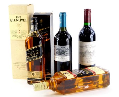 A collection of wines and spirits, to include Glenlivet 12 Years single malt Scotch, Johnnie Walker 12 Years Black Label, Ste