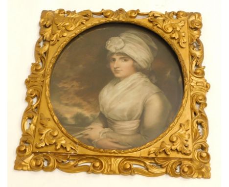 19thC. Coloured mezzotint print, half length portrait of a maiden holding a book, 59cm x 48cm, gilt scroll frame.