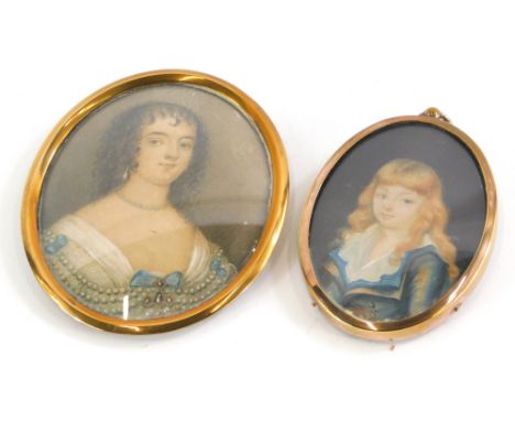 A 19thC oval miniature, head and shoulders portrait of a maiden and another blue jacket. (2)
