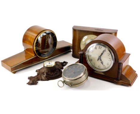 A collection of clocks, to include a Kenzle mantel clock in mahogany case with Westminster chime, a savings clock, mahogany m