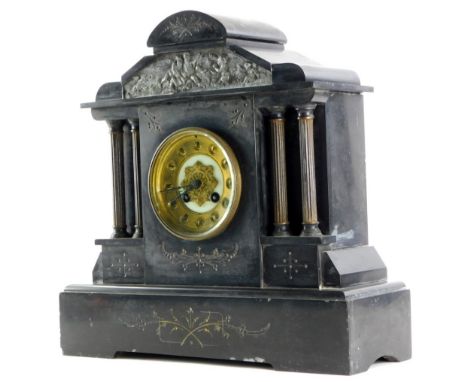 A French black slate and gilt metal mantel clock, with spelter relief cast frieze, gilt dial, the case embellished in gilt, 3
