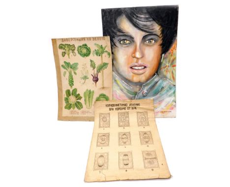 Downtouwn.  Portrait of a lady, oil on hardboard, 123cm x 80cm, and two Russian Educational posters relating to biology and p