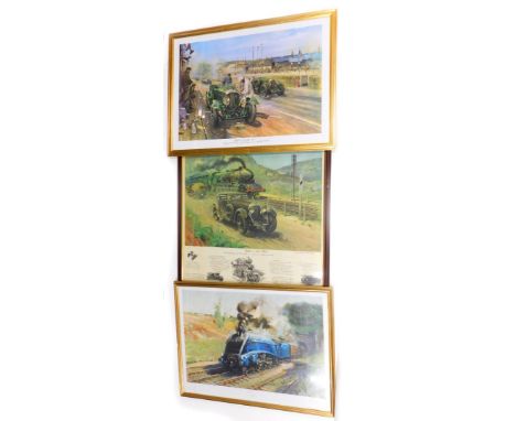 After Terence Cuneo. "Bentley v. Blue Train", coloured print, 73cm x 79cm and another similar print titled Mallard, and anoth