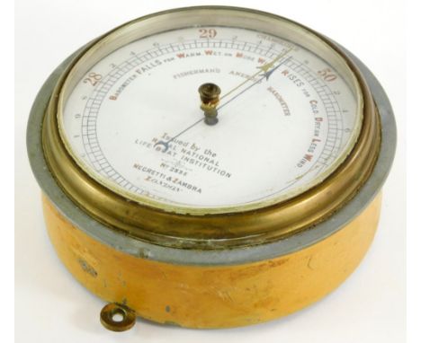 A Negretti &amp; Zambra Fishermen's Aneroid barometer, the dial printed, issued by the Royal National Lifeboat Institution nu