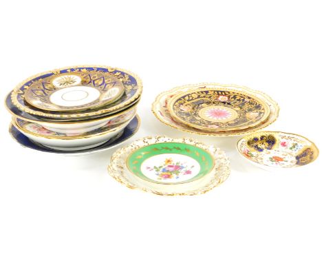 Various 19thC and other cabinet plates, etc., Derby style, Imari pattern shaped circular saucer, decorated with flowers with 