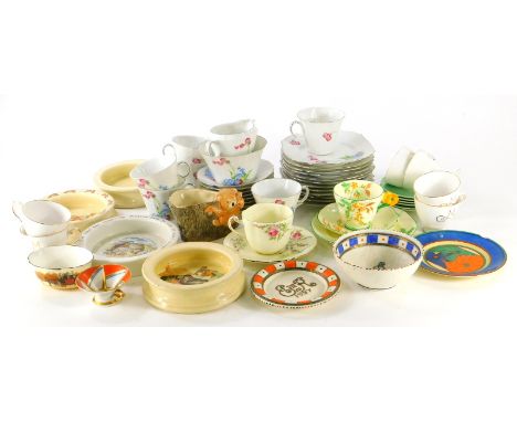 A Clarice Cliff Fantasque side plate, (AF), a Charlotte Rhead Edward VII plate and bowl, child's bowls and various Art Deco t