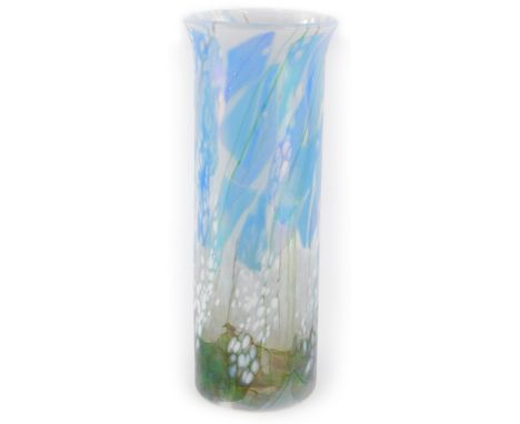 An Isle of Wight iridescent art glass cylindrical vase, with flared rim, gilt makers label to side, 35cm high overall.