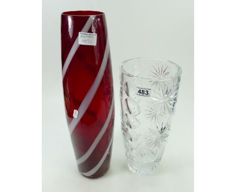 Large heavy cut glass crystal vase together with larger ruby red mid century type similar item. (2). 