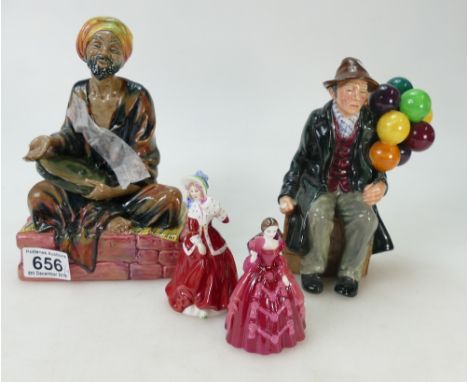 Royal Doulton character figure The Balloon Man HN1954, damaged similar item Mendicant HN1365, small lady figure Christmas Mor