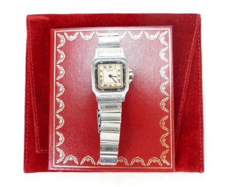 Cartier 1565 Santos Galbee ladies stainless steel quartz watch & bracelet, 1990's. Button set with blue stone.  Wearable leng