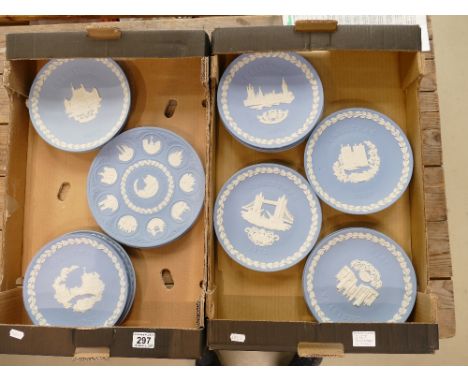 A collection of Wedgwood light blue jasperware Christmas plates from 1969 onwards (2 trays, 22 plates)