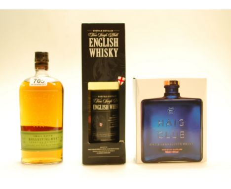 A bottle of Bulleit Rye Whiskey , Norfolk Fine Single Malt Whisky and Haid Club Single Grain Scotch Whisky. All 70cl (3)