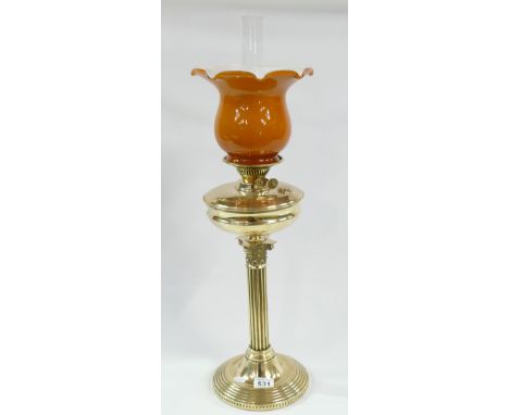 Vintage brass column oil lamp with later glass shade and a Reproduction cast iron railway warning sign (2)