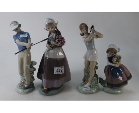 A mixed collection of Lladro and Nao figures to include Girls with Baskets, Golfer, and similar lady figure. (4).