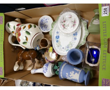 A mixed collection of items to include - Wedgwood Jasperware vases, trinket boxes, together with Beswick Cantering Shire, dec