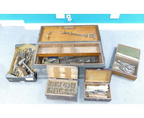 A good collection of 19th century carpenters  wood working tools including many various tools, pine carpenters chests, pine b