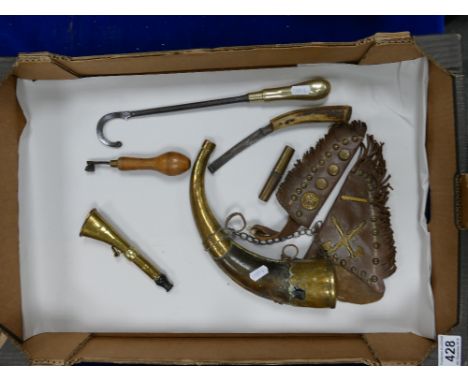 Amixed collection of items including leather toy gun and knife sheaths, cattle horn cutting tool, brass and horn flask and sm