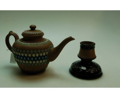 Royal Doulton Lambeth stoneware Silicon teapot and Doulton Lambeth Dewars Whisky match striker (restored) (2)