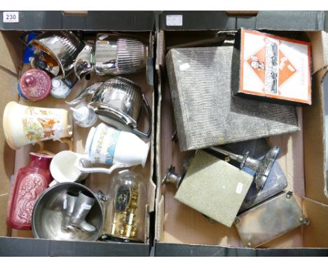 2 trays including pewter miniature boots, musical jug, tea service, cigarette box, candelabra, boxed sets cutlery etc.