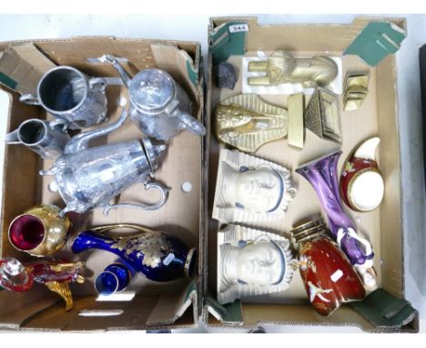 A small collection of Egyptian items to include books ends, Carlton Ware ducks vase, silver plated coffee pots, glass ware et