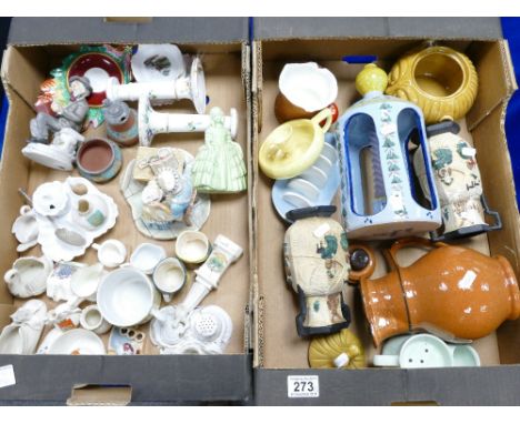 Mixed collection of items to include - shielded vases, statues, pin trays, together with hand decorated early candlestick, va