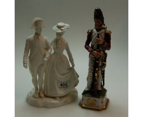 Unmarked ceramic figure of Napoleonic Officer and his Sweetheart together with Capo-Di-Monte Porcelain Figure of Napoleonic s