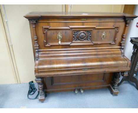 Edwardian Burr Walnut Ornate Upright Piano, makers mark - 'Mendelssohn House Manchester Victoria Street', with Ormolu candela