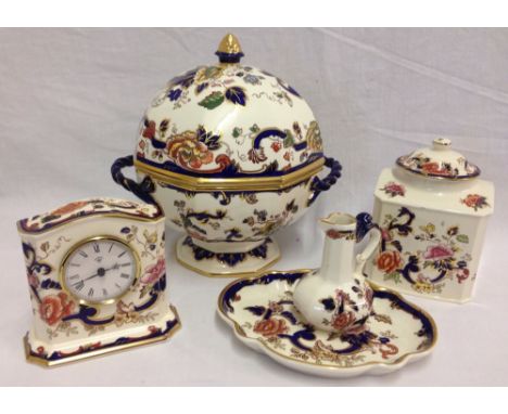 5 pieces of Masons ceramics in "Mandalay" pattern. Comprising: large dome topped 2 handled lidded dish, square shaped lidded 