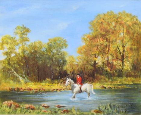 Frank Wooton OBE (1914-1998) Huntsman Crossing a Stream on a grey mount, oil on paper, 44.5 x 55 cm, frame 65 x 76 cmInscribe