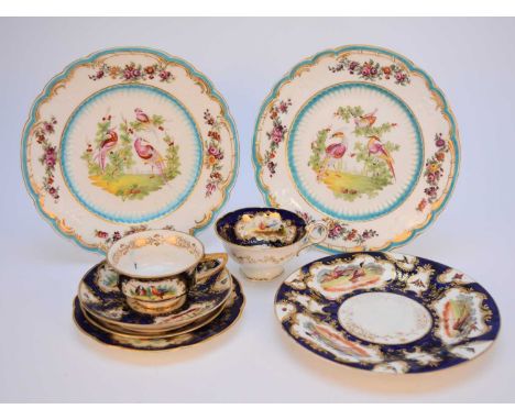 A small group of Coalport, comprising an Etruscan-shape teacup and saucer and similar plate, circa 1815, scale blue ground wi