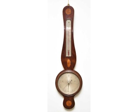 A 19th century mahogany veneered banjo barometerThe silvered 8.5 inch dial signed Mantichia, below an alcohol thermometer wit