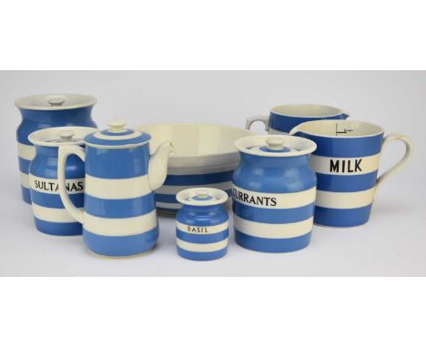 A large range of T.G. Green blue and white Cornish ware, a couple of pieces with the early 1930s factory mark, the others 194