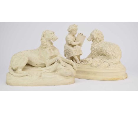 A scarce Copeland parian model of a reclining Irish Wolfhound, circa 1850, impressed marks, 25.5cm high, 32cm long; together 