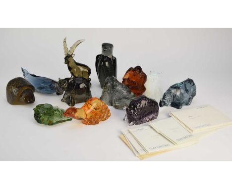 Twelve Svenskt (Stockholm) glass models of Endangered animals, from 1973 - 1984, produced in collaboration with the World Wil