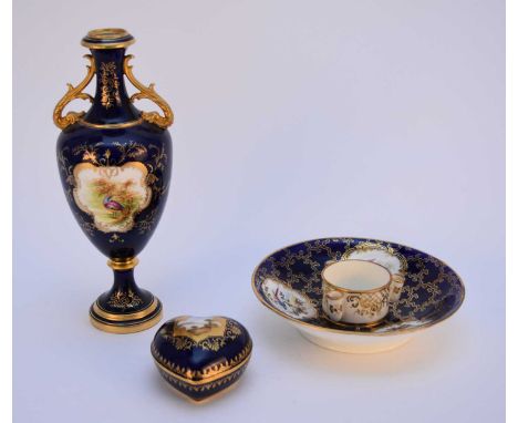 A small group of Coalport, comprising a heart-shaped trinket box and cover, painted with a landscape cartouche to the cover, 