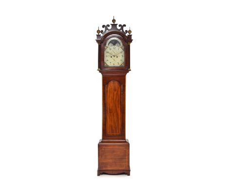 George III inlaid mahogany painted dial longcase clock, Thomas Collins of Botesdale The hood with fret pediment and three bra