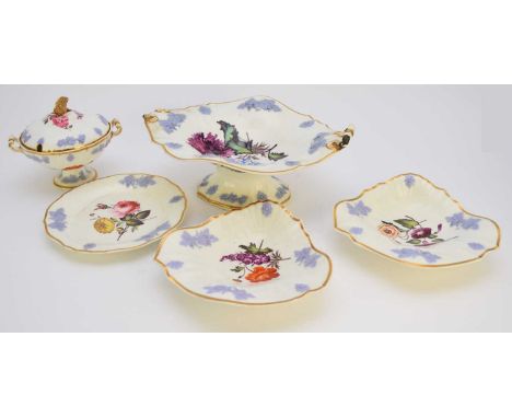 A H&amp;R Daniel dessert service, circa 1825, pattern 4019, of cusped form, decorated with raised lilac sprigs and painted wi