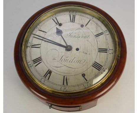 An early 19th century mahogany wall fusee clock,  The dial signed Inigo Innocent of London The 12 inch silvered dial with bla