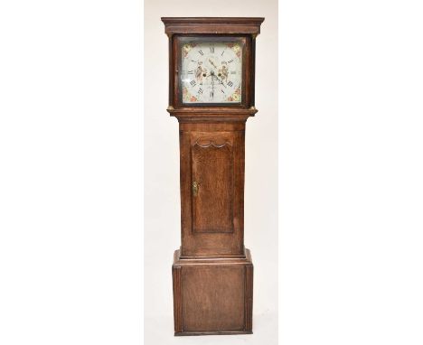 A George III inlaid oak painted dial longcase clock, John Harrison, Audlem The hood with fluted full columns, the trunk with 