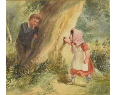 Follower of Frederick Walker ARA RWS (1840-1875) Children Playing Hide and Seek, initialled lower left, watercolour, 16.5 x 1