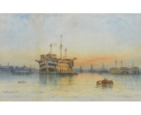 George Gregory (1849-1938) Estuary Scene with Moored Vessels, signed lower left, 1902, watercolour, 16.5 x 27 cm, frame 34 x 