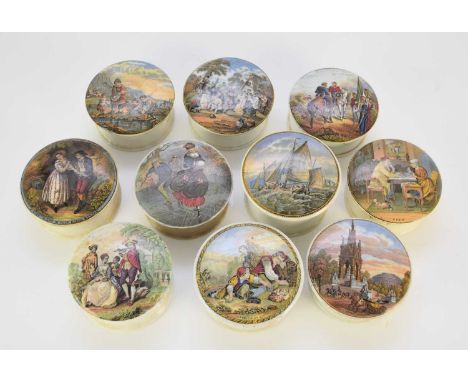 A collection of 25 prattware pot lids with bases, 19th century, comprising 'A Race (or Derby Day)'; 'Uncle Toby'; 'Thames Emb