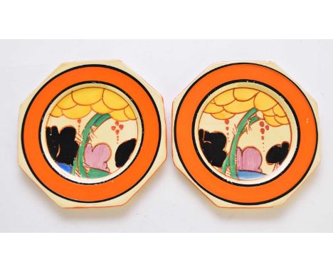 A pair of Clarice Cliff for Newport Pottery Fantasque Bizarre small octagonal side plates, 'Summerhouse' pattern, circa 1931,