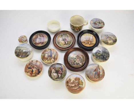 A group of prattware pot lids with bases, comprising 'The Residence of Anne Hathaway' (gilt lined rim), 'That No Jealous Riva